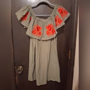 Altar'd State Olive Off-Shoulder Dress with Orange Floral